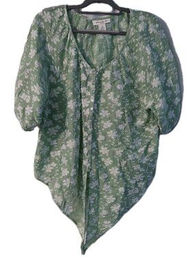 Skies The Limit Womens Shirt Size 1X Green White Floral Tie In Front Short Sleev